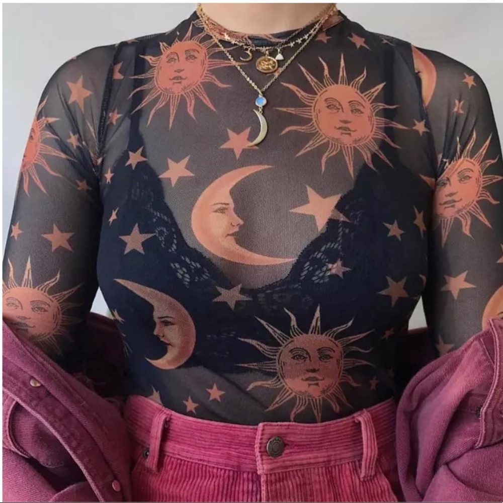 Sheer Black Top NEW Boho Sun Moon Stars Design - Picture 6 of 10